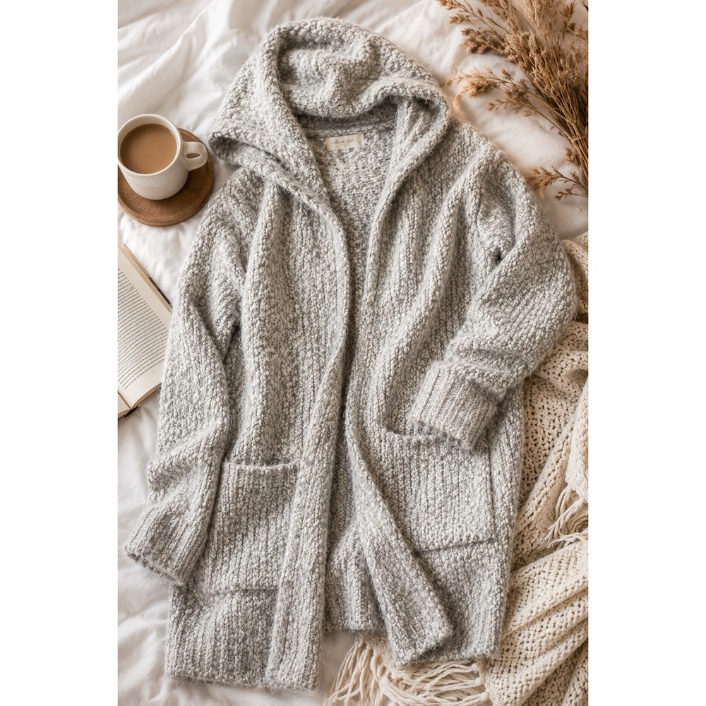 Soft Cozy Bouclé Hooded Open Cardigan Sweater Gray‎ Small Lounge Layer